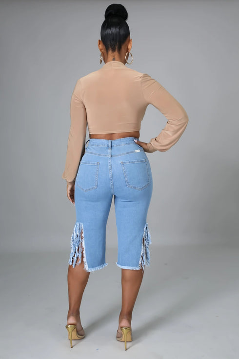 New Style Ripped Elastic Fringed Jeans Women High Waist Knee-length Casual Slim Fit - ROUTINE FASHION